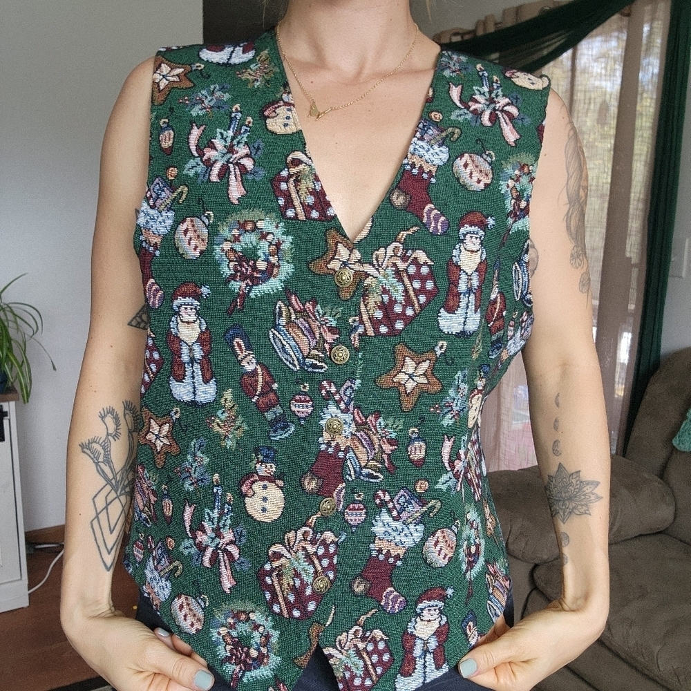 Vintage Christmas Tapestry Button Down Vest Size Large
